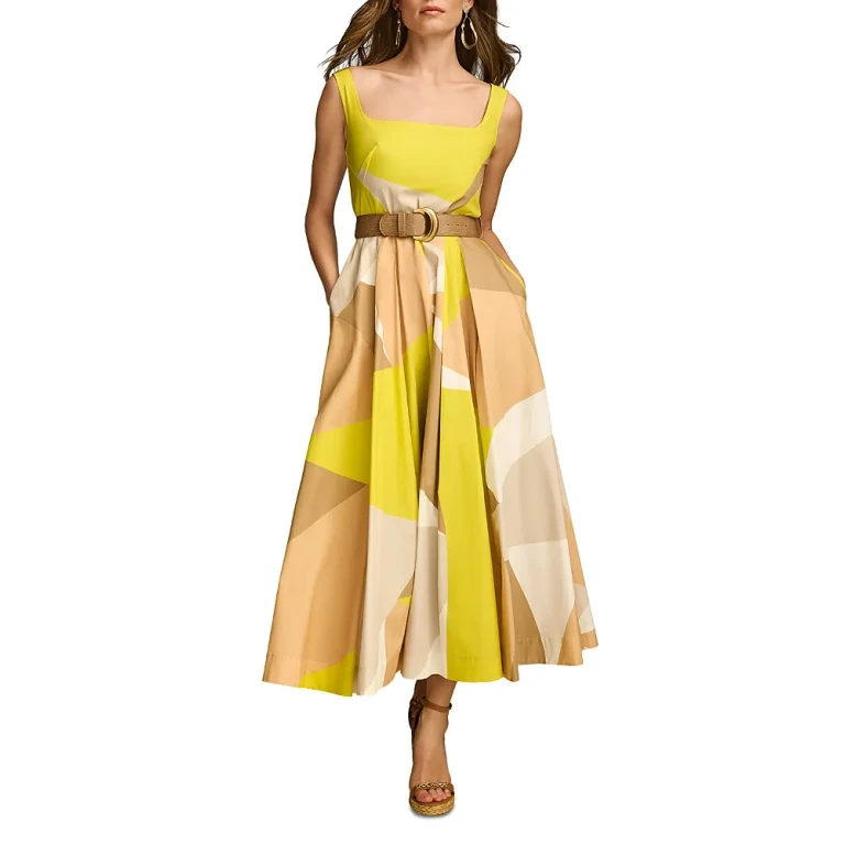 Donna Karan Printed Belted Square Neck Dress