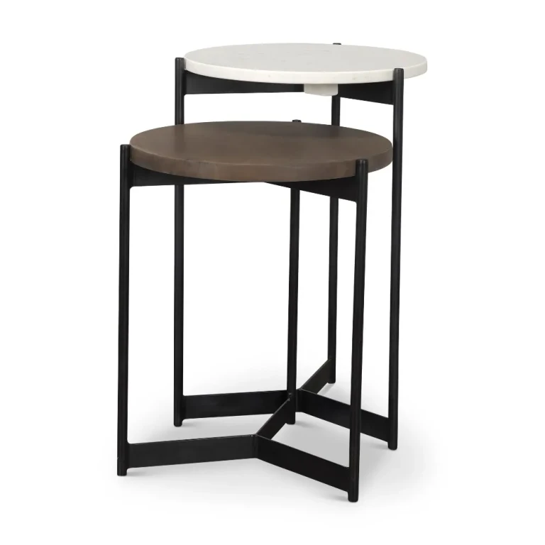 Larkin White Marble and Dark Brown Wood Nesting Tables