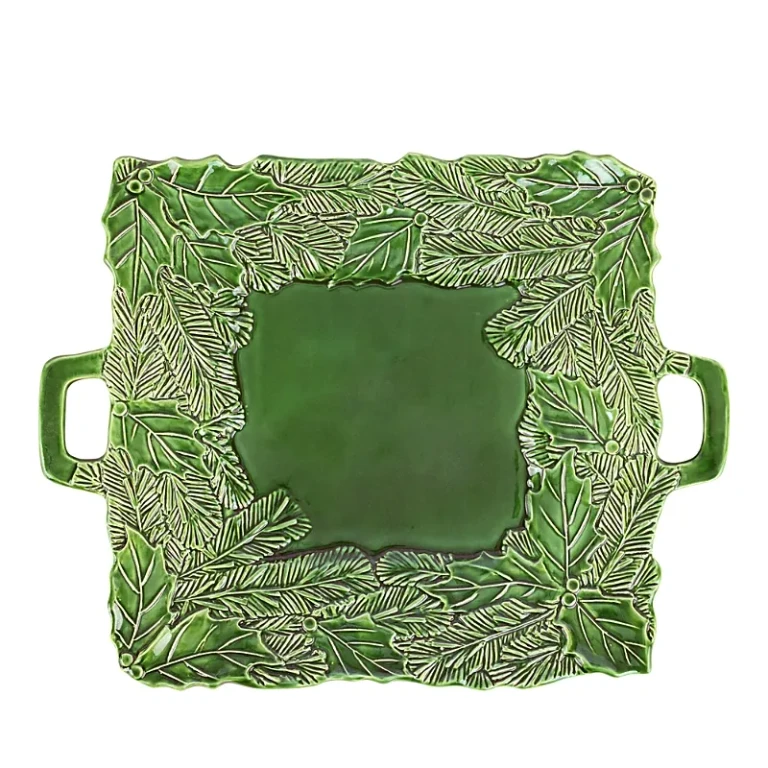 Vietri Lastra Holiday Green Figural Handled Square Platter