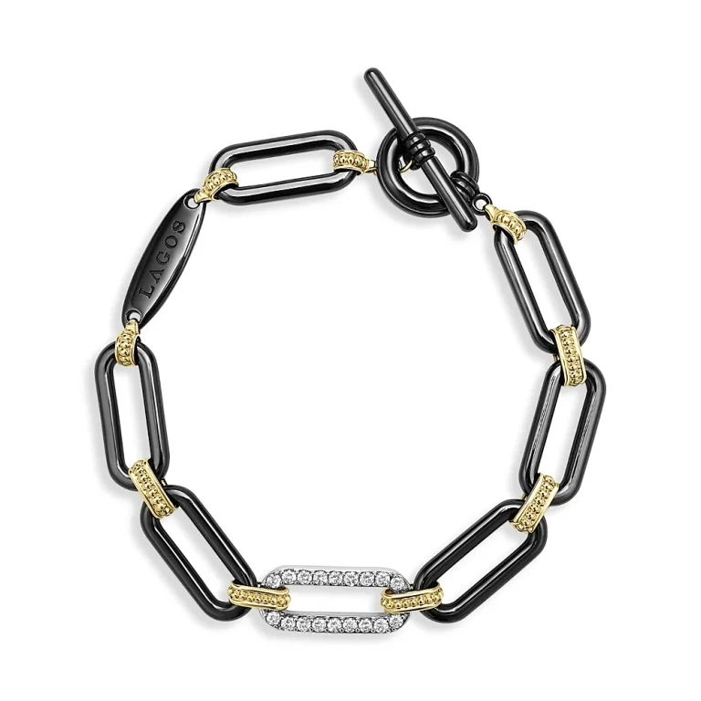 Lagos 18K Yellow Gold & Black Ceramic Diamond Station Link Bracelet
