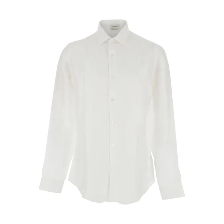 Calvin Klein White Shirt With Classic Collar And Long Sleeves In Linen Blend Men