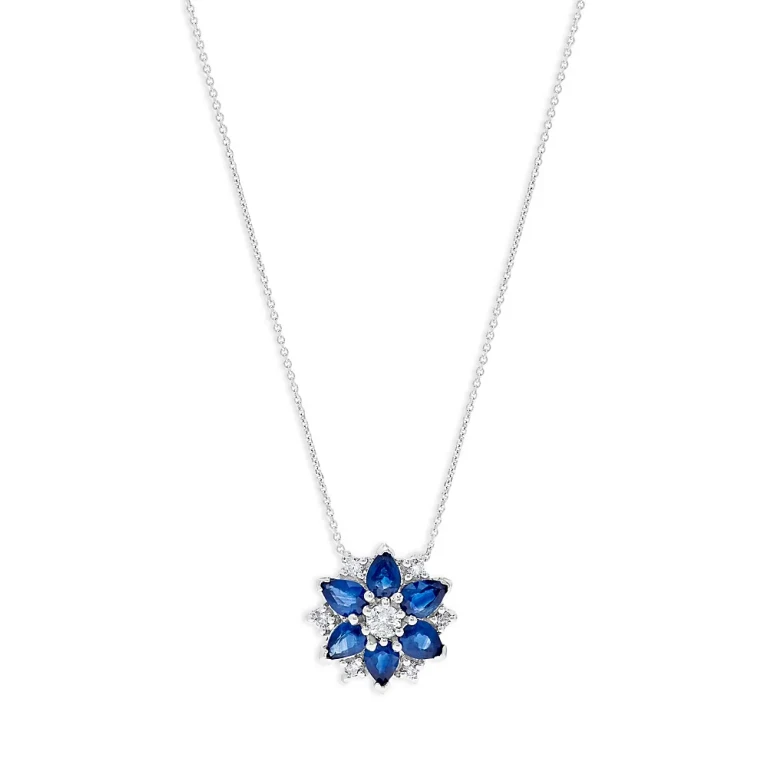 Sapphire & Diamond Flower Pendant Necklace in 14K White Gold, 16