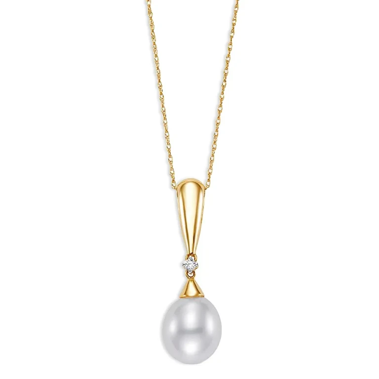 Diamond & Freshwater Pearl Pendant Necklace in 14K Yellow Gold, 0.03 tcw