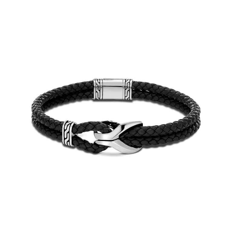 John Hardy Sterling Silver Classic Chain Cord Bracelet with Black Leather