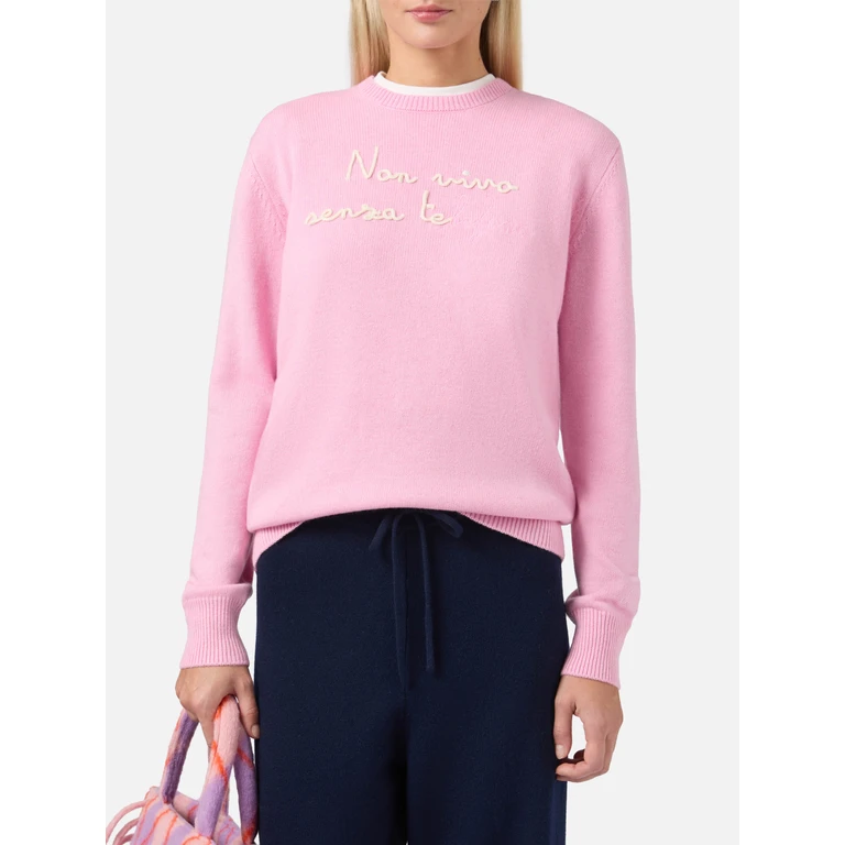Mc2 Saint Barth New Queen Cashmere-Blend Sweater Pink With Non Vivo Senza Te(lefono) Embroidery - Women