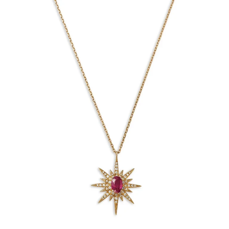 Ruby & Diamond Starburst Pendant Necklace in 14K Yellow Gold, 18