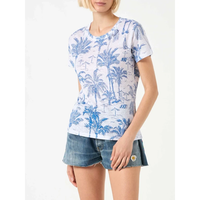MC2 Saint Barth Scarlett Blue Toile De Jouy Linen T-shirt