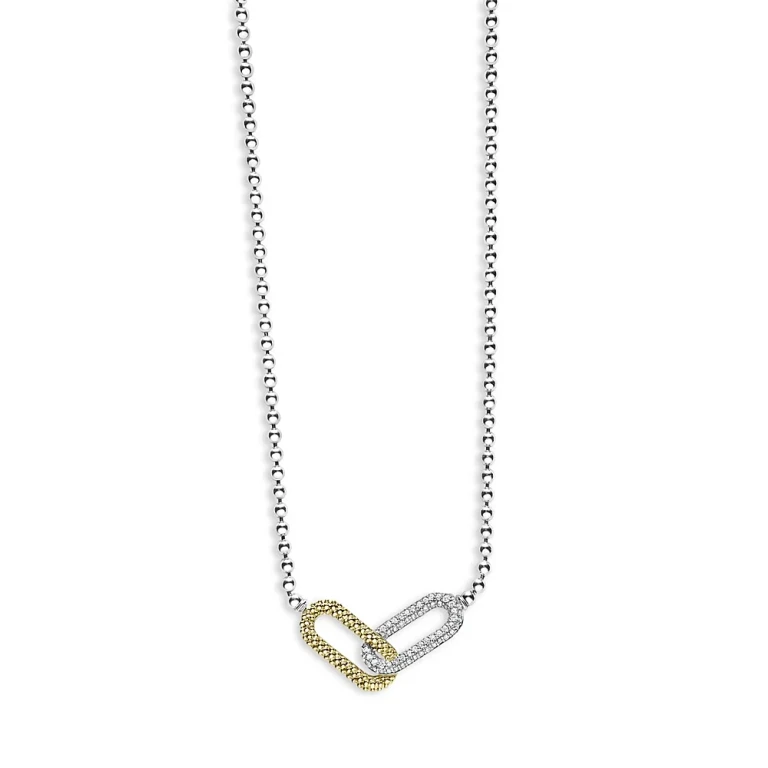 Lagos 18K Yellow Gold & Sterling Silver Caviar Lux-Clip Diamond Bead Link Necklace, 16-18 - Exclusive