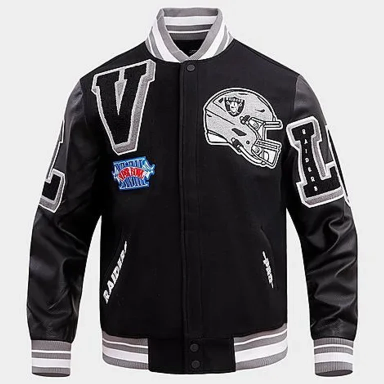 Pro Standard Men's Las Vegas Raiders NFL Mashup Rib Wool Varsity Jacket in Black/Grey Size: Small