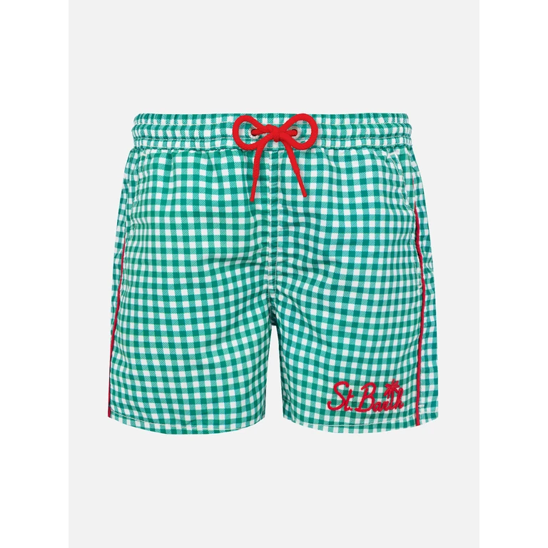 Mc2 Saint Barth Boy Swim Shorts With Gingham Print Green Swimshort