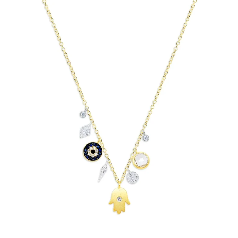Meira T Multi Gemstone & Diamond Hamsa Hand Mixed Charm Pendant Necklace in 14K White & Yellow Gold, 18