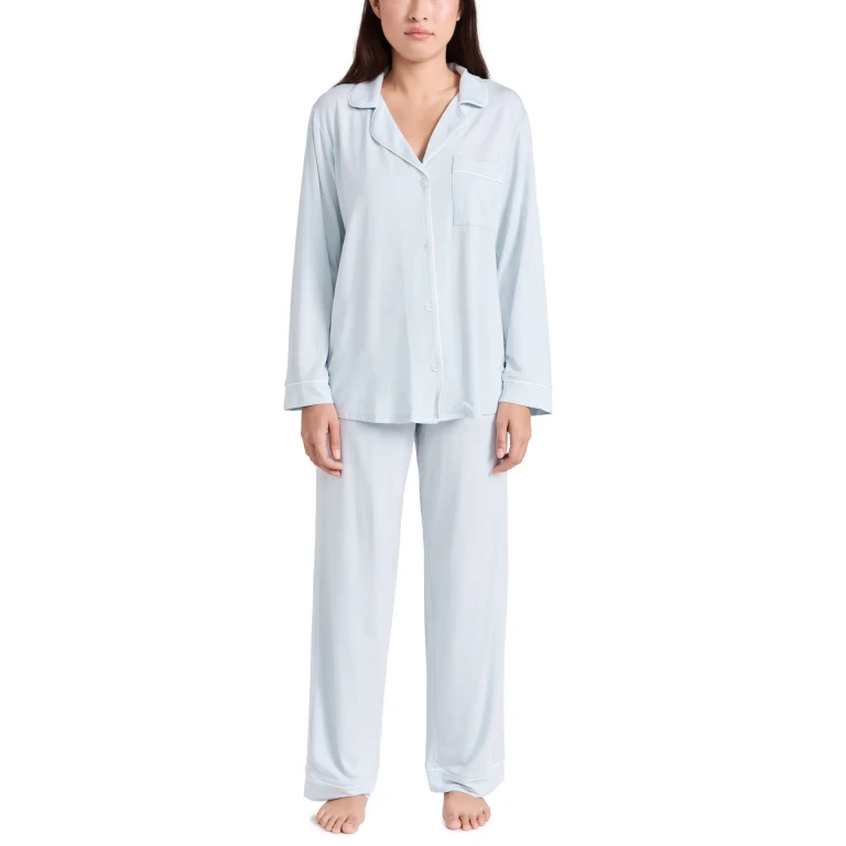 Eberjey Gisele Modal Long Pajama Set Ice Blue/ Ivory XS
