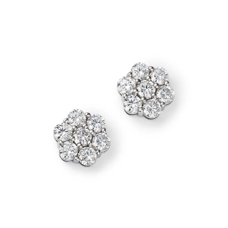 Diamond Flower Cluster Stud Earrings in 14K White Gold, 2.0 tcw