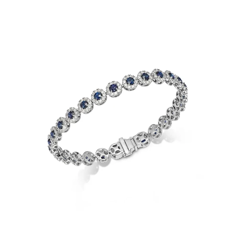 Blue Sapphire & Diamond Halo Tennis Bracelet in 14K White Gold