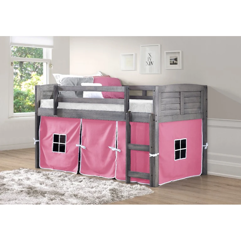 Louver Antique Gray Twin Loft Bed with Pink Tent