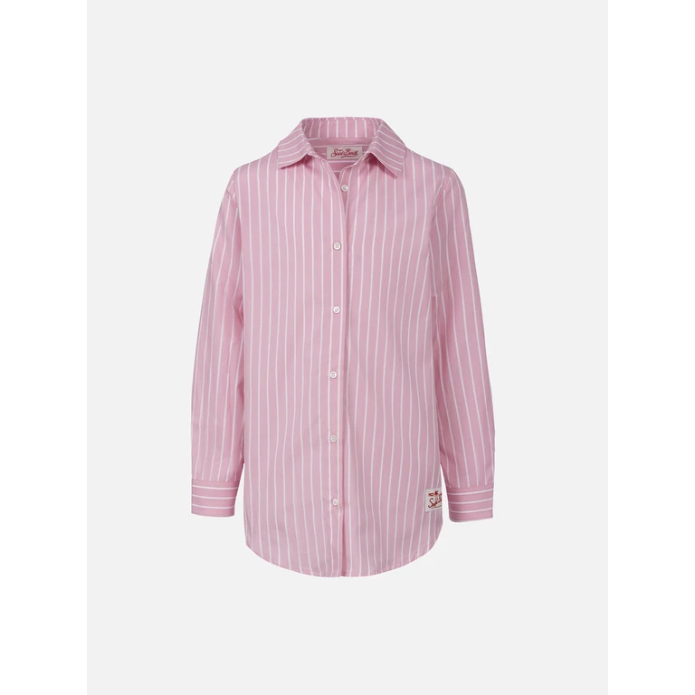 Mc2 Saint Barth Girl Striped Print Cotton Over Shirt Mini Brigitte Pink