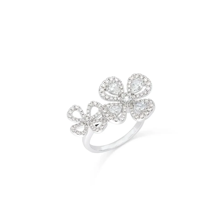 Diamond Pear & Round Flower Ring in 14K White Gold, 1.50 tcw