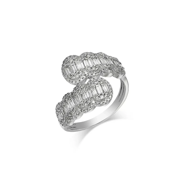 Diamond Round & Baguette Cluster Bypass Ring in 14K White Gold, 0.75 tcw