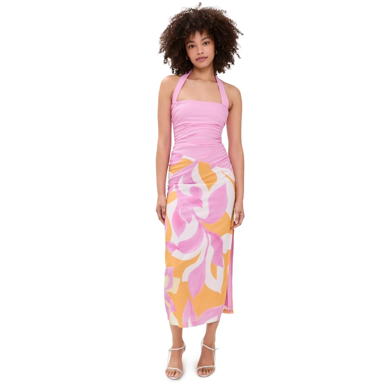 Seven Wonders Evie Halter Ruched Midi Dress Amoree Orange M