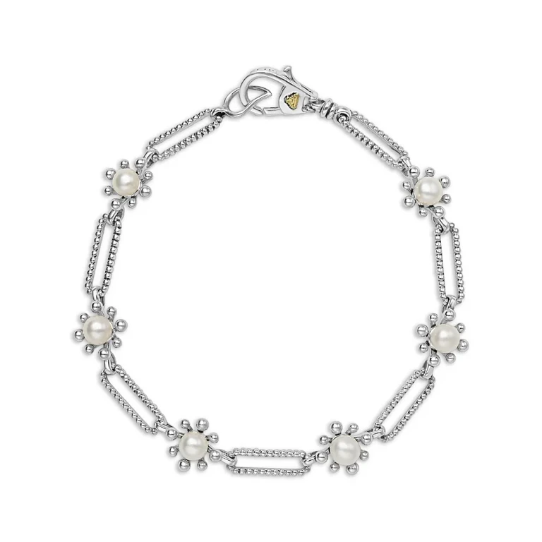 Lagos Sterling Silver Luna Cultured Pearl Fleur Link Bracelet