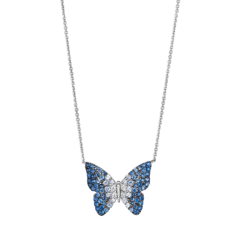 Blue & White Sapphire Butterfly Pendant Necklace in 14K White Gold, 18