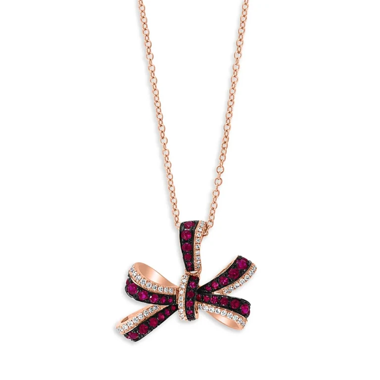 Ruby & Diamond Bow Pendant Necklace in 14K Rose Gold
