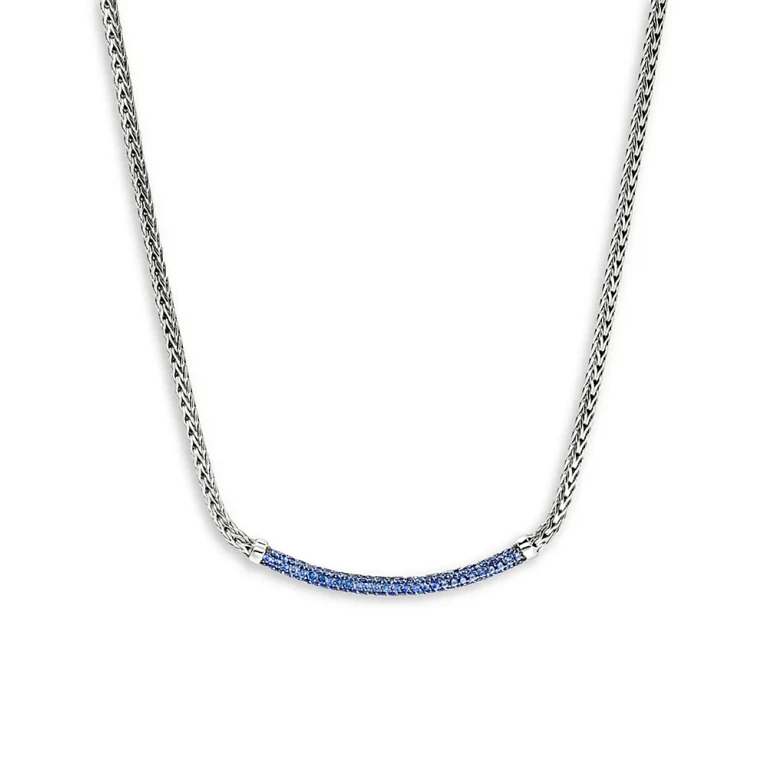 John Hardy Sterling Silver Jh Essentials Blue Sapphire Pave Curved Bar Necklace, 16-18