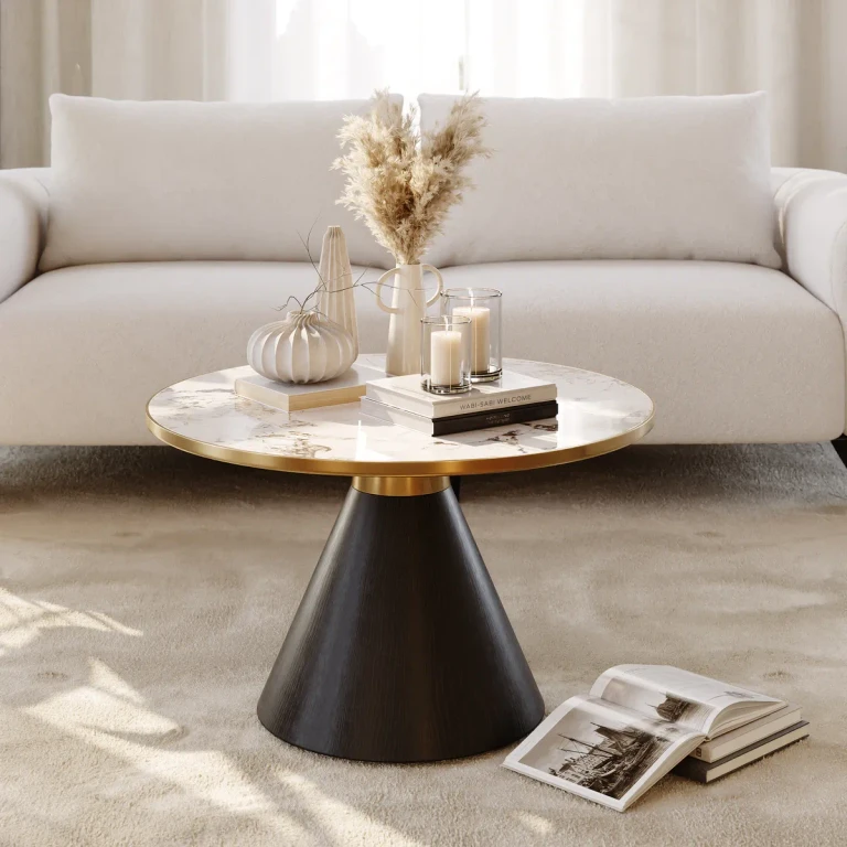 Sintered Stone Round Coffee Table Modern Walnut Living Room Furniture