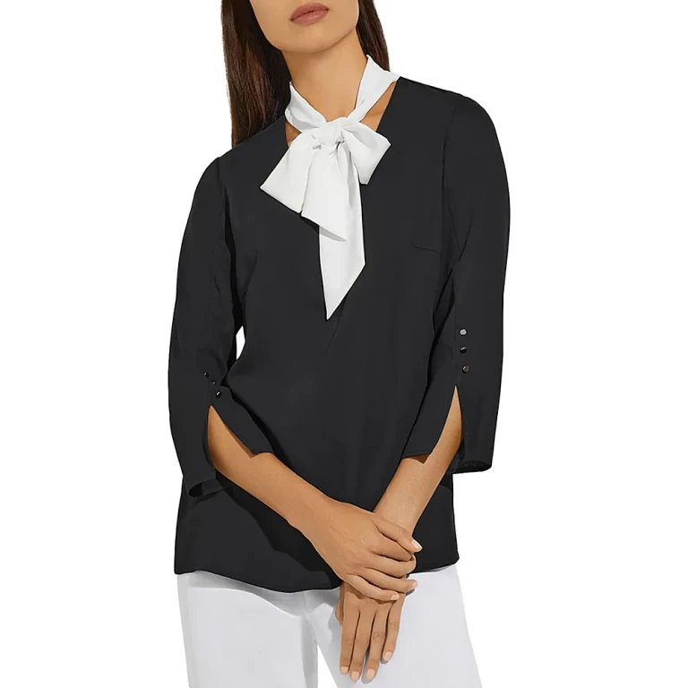 Misook Contrast Tie V-Neck Crepe de Chine Blouse