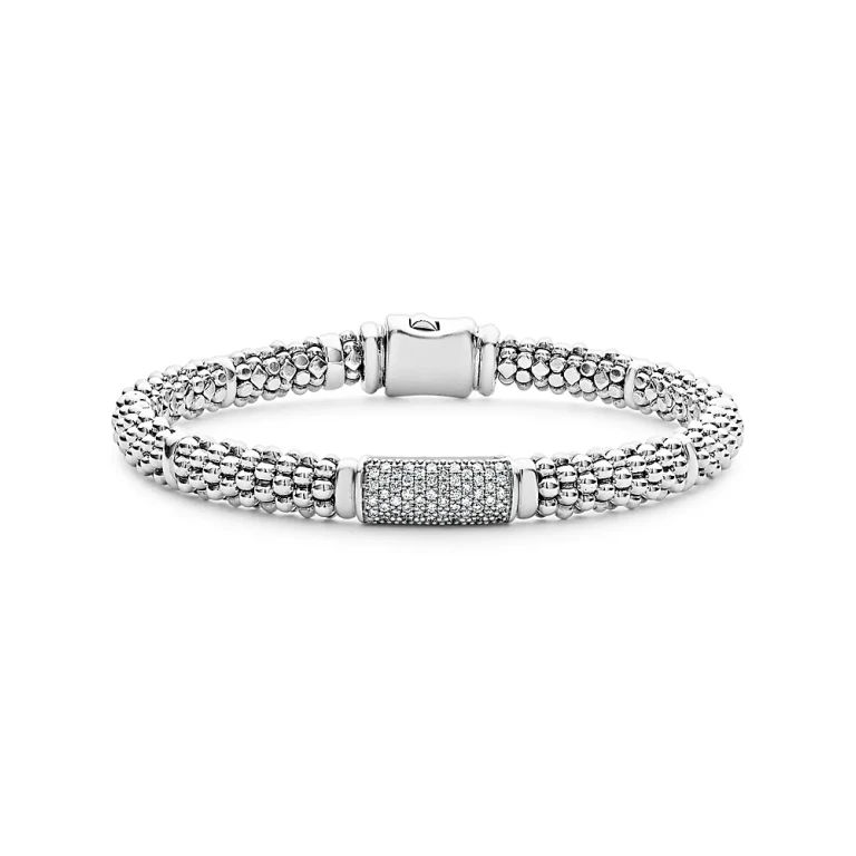 Lagos Sterling Silver Signature Caviar Pave Diamond Station Bracelet