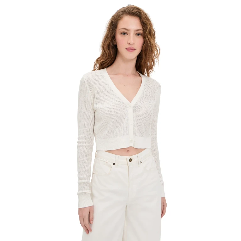 Enza Costa Linen Open Knit Cropped V Neck Cardigan Off White XL