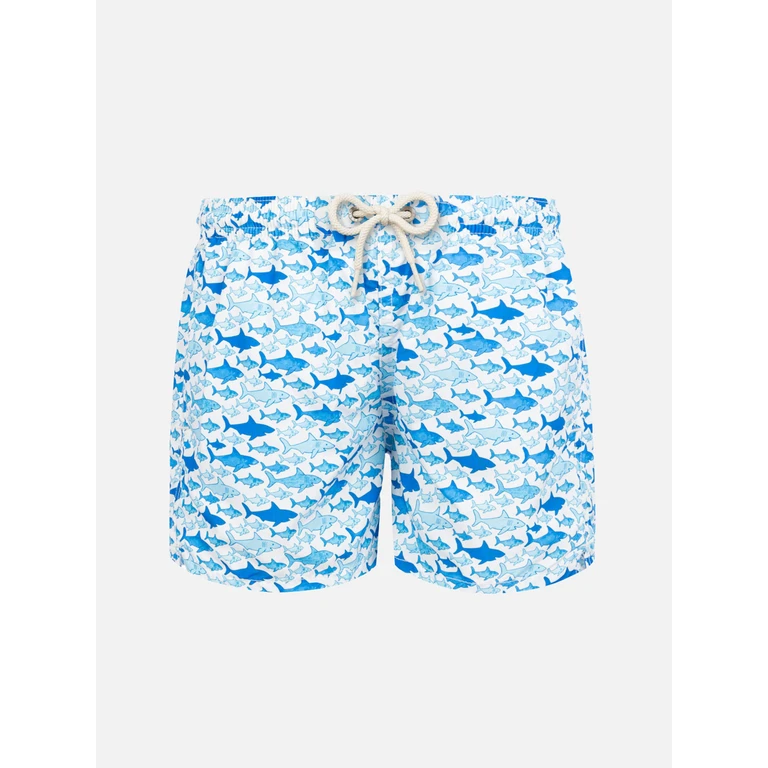Mc2 Saint Barth Boy Swim Shorts With Shark Print White Swimshort