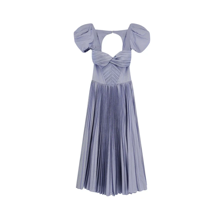 Pleated Crêpe Midi Evening Dress with Puff Sleeves (AB96762E2019)