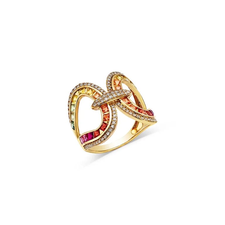 Rainbow Sapphire & Diamond Open Ring in 14K Yellow Gold
