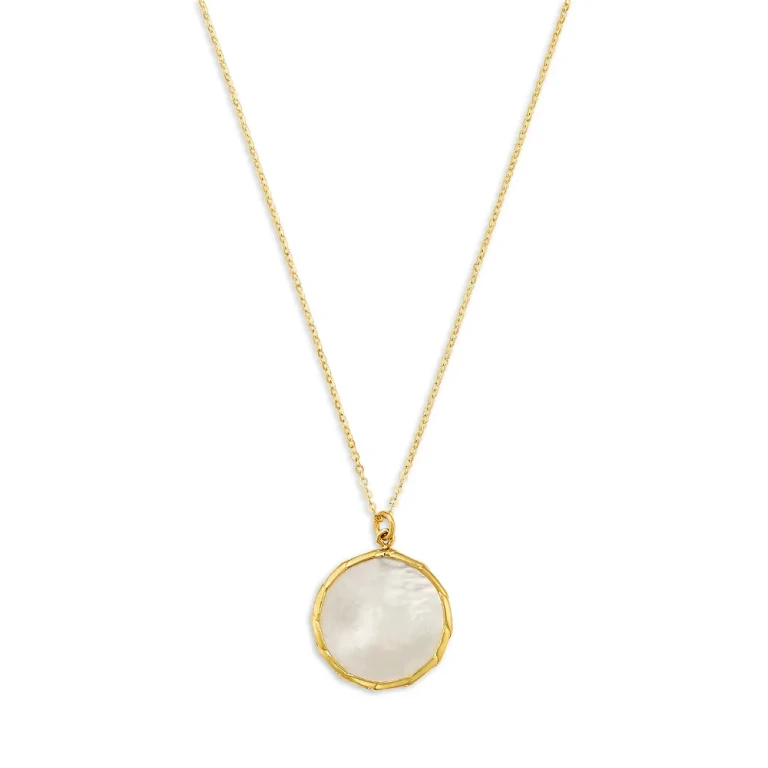 White Mother of Pearl Bezel Pendant Necklace in 14K Yellow Gold, 16-18