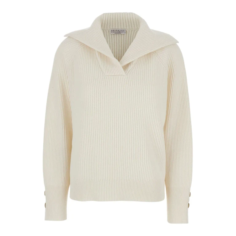 Brunello Cucinelli White Ribbed Knit Sweater With V Neck In Wool And Cashmere Blend Woman