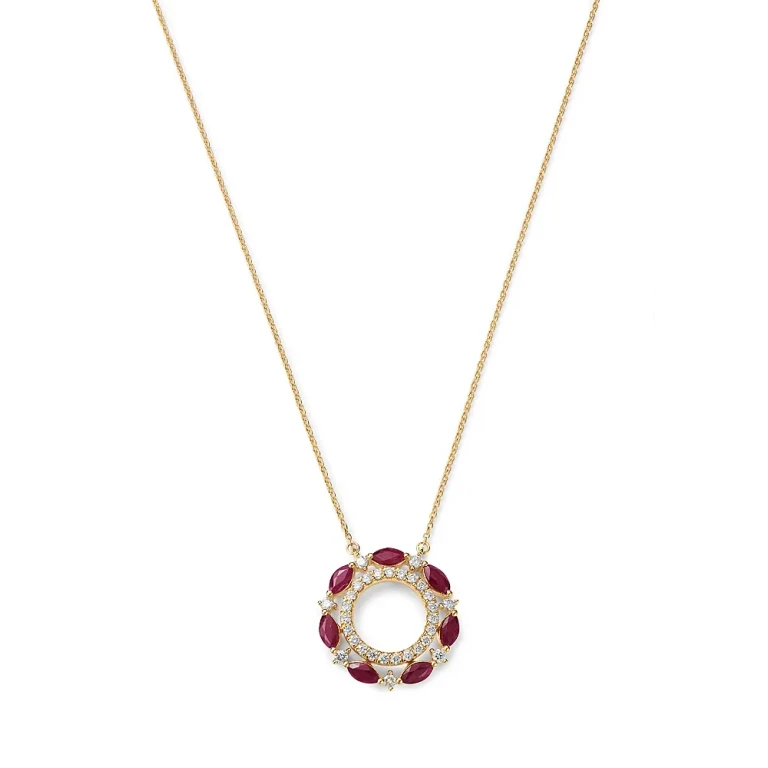 Ruby & Diamond Circle Pendant Necklace in 14K Yellow Gold, 18