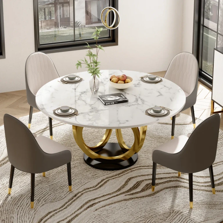 53.1" Round Dining Table Faux Marble Top Gold & Black Pedestal for 6 Person Modern White