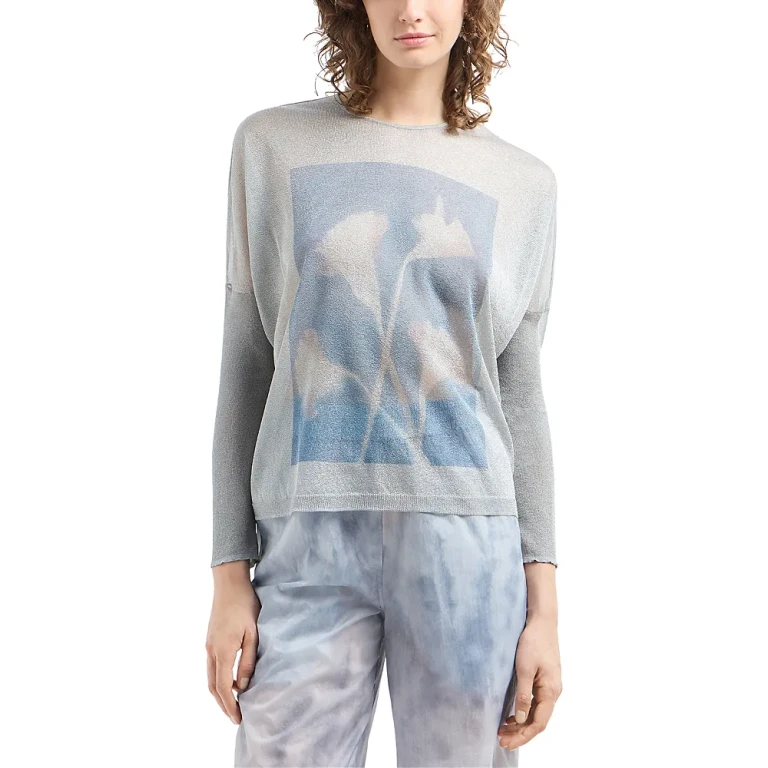 Emporio Armani Semi Sheer Lurex Sweater with Floral Digital Print