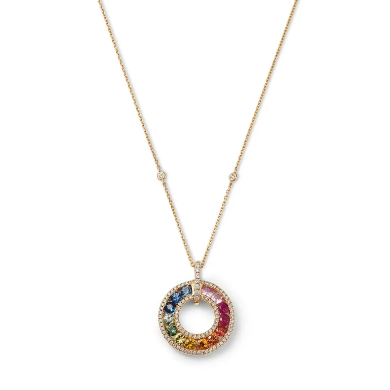 Rainbow Sapphire & Diamond Circle Pendant Necklace in 14K Yellow Gold, 18