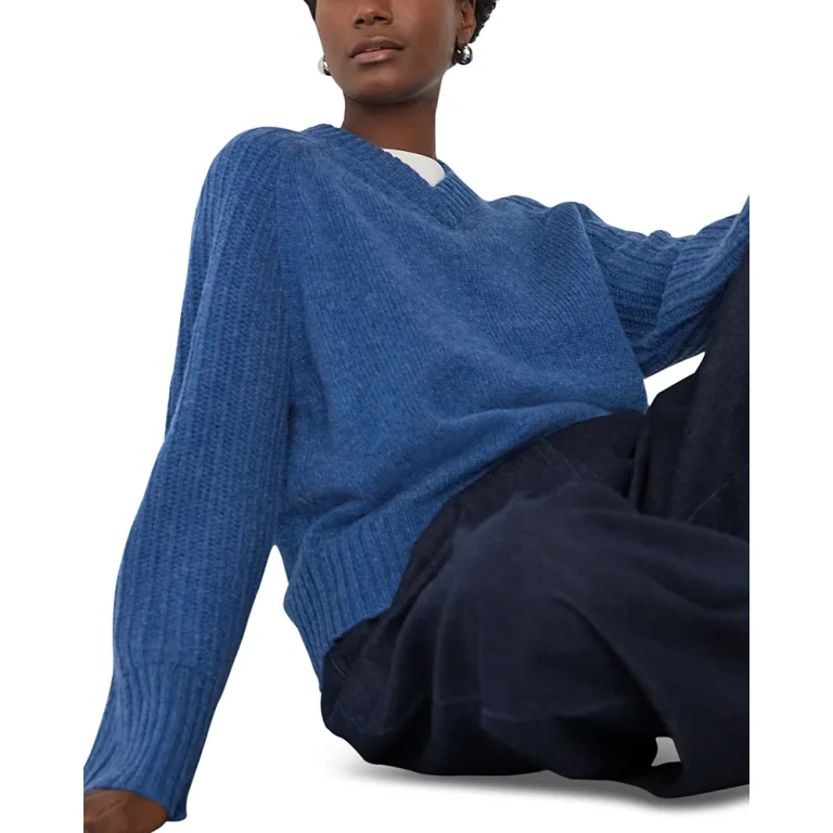 Whistles Wool Ribbed Sleeve V Neck Knit Sweater
