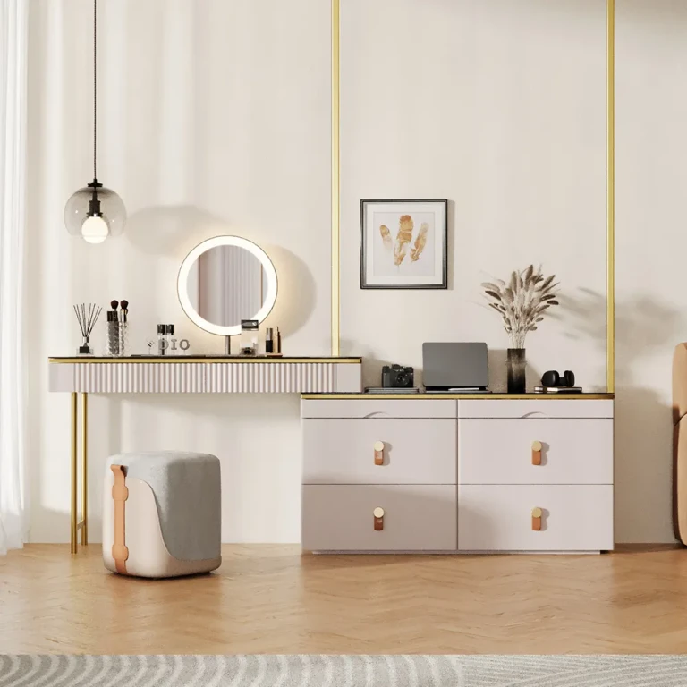 Extendable Makeup Vanity Set with Jewelry Storage Retractable Champagne Dresser with Mirror and Stool