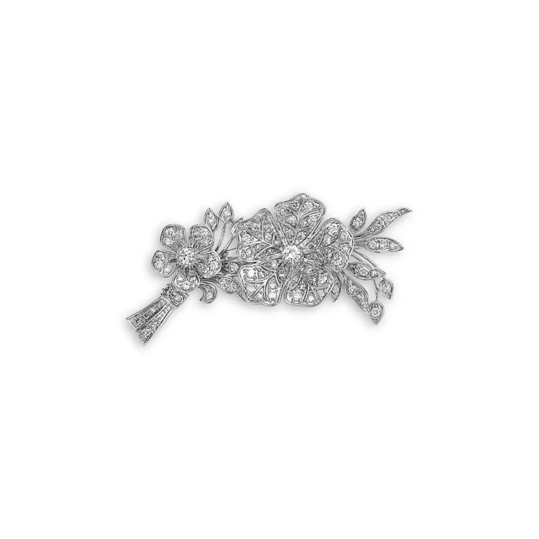 Diamond Flower & Vine Brooch in 14K White Gold, 1.00 tcw