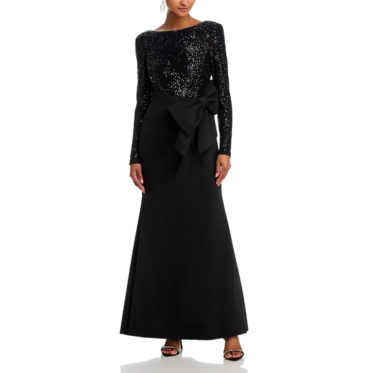 Eliza J Long Sleeved Boat Neck Combo Bow Mermaid Gown