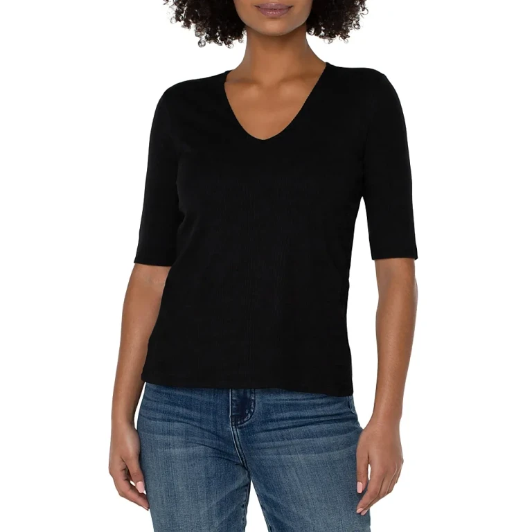 Liverpool Los Angeles V Neck Rib Knit Elbow Sleeve Tee