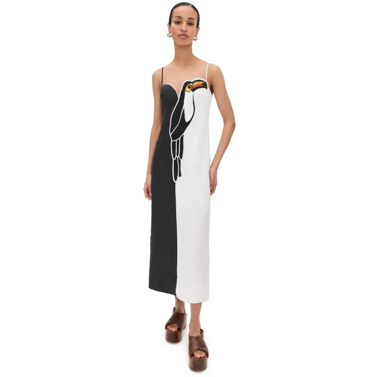 FARM Rio Black and White Embroidered Toucan Sleeve Dress Black and White M