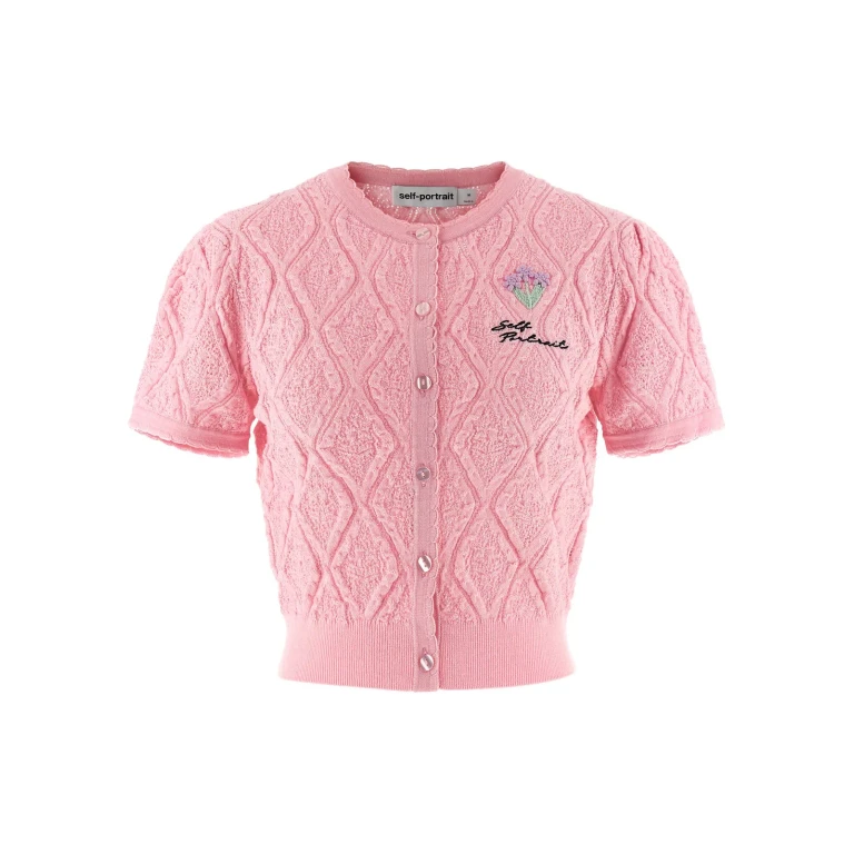 self-portrait Top pink Pointelle Knit With Short Sleeves In Pink For Women