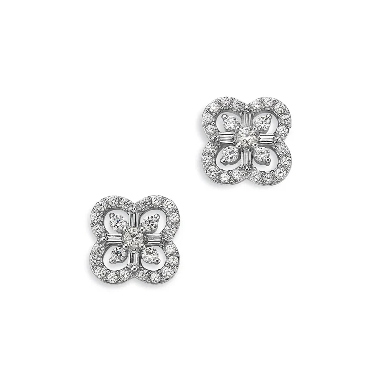 Diamond Round & Baguette Clover Stud Earrings in 14K White Gold, 0.5 tcw
