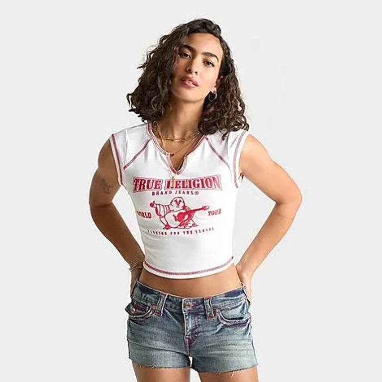 True Religion Women's Buddha World Tour Rib Notch Baby T-Shirt in Scarlet Size: XS
