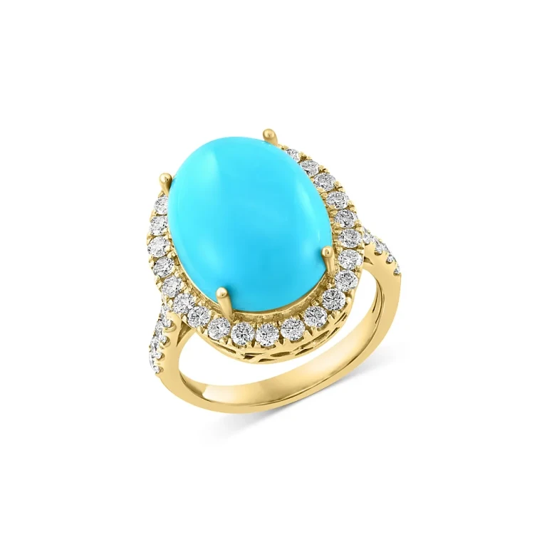 Turquoise & Diamond Cabochon Halo Ring in 14K Yellow Gold